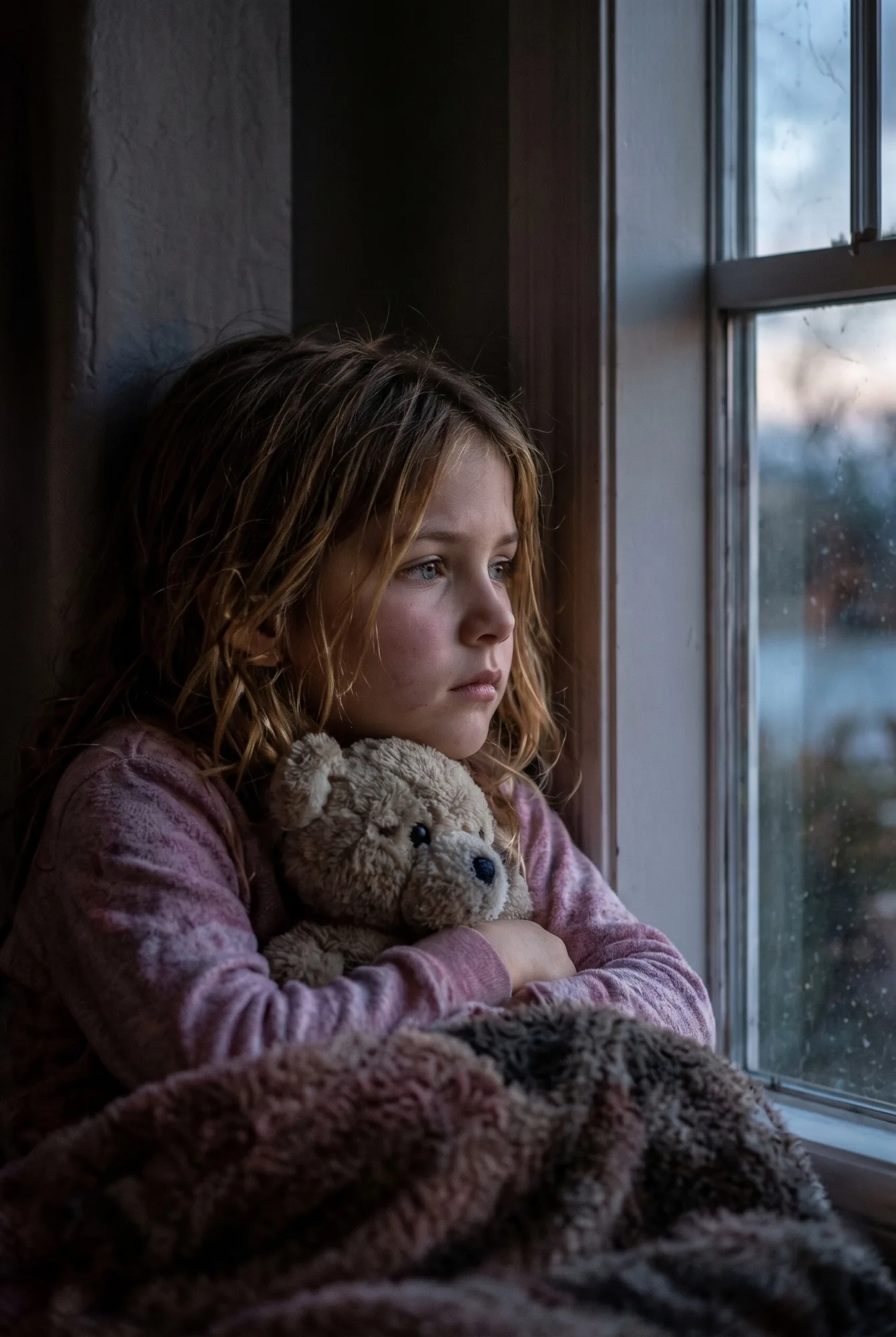 A young girl in pajamas hugs a teddy bear and looks out of a rainy window.