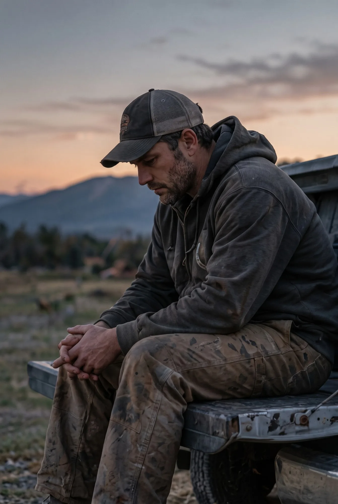 A tired man in a work cap and muddy clothes sits on a pickup's tailgate at dusk, head bowed, hands clasped.