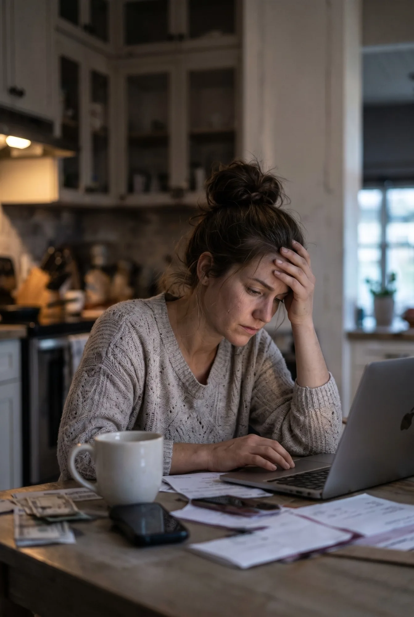 A weary woman rests her head in her hand at a kitchen table covered in papers, a laptop open in front of her late at night.