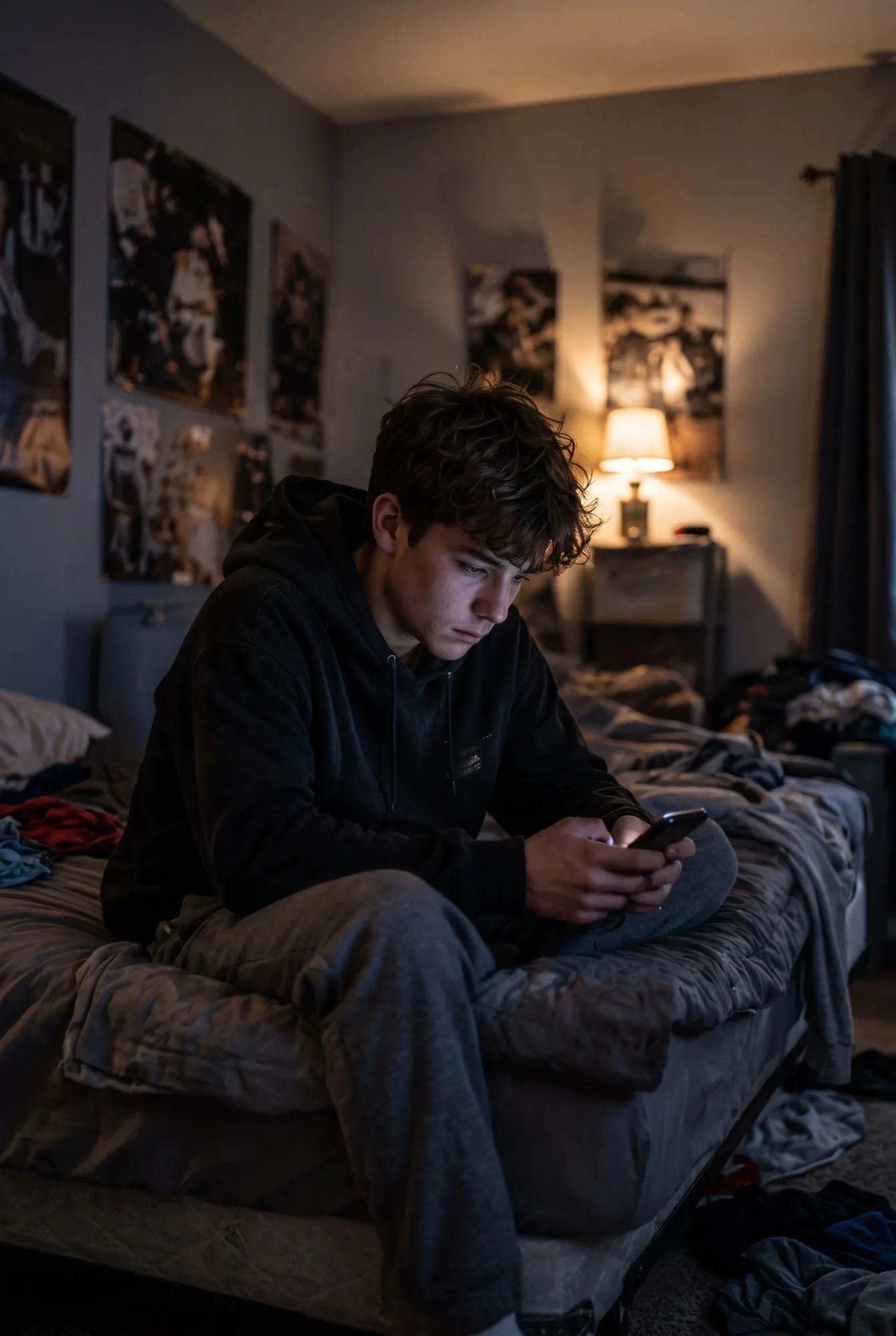 A teenage boy sits on an unmade bed in a dark room, his face lit by his phone.