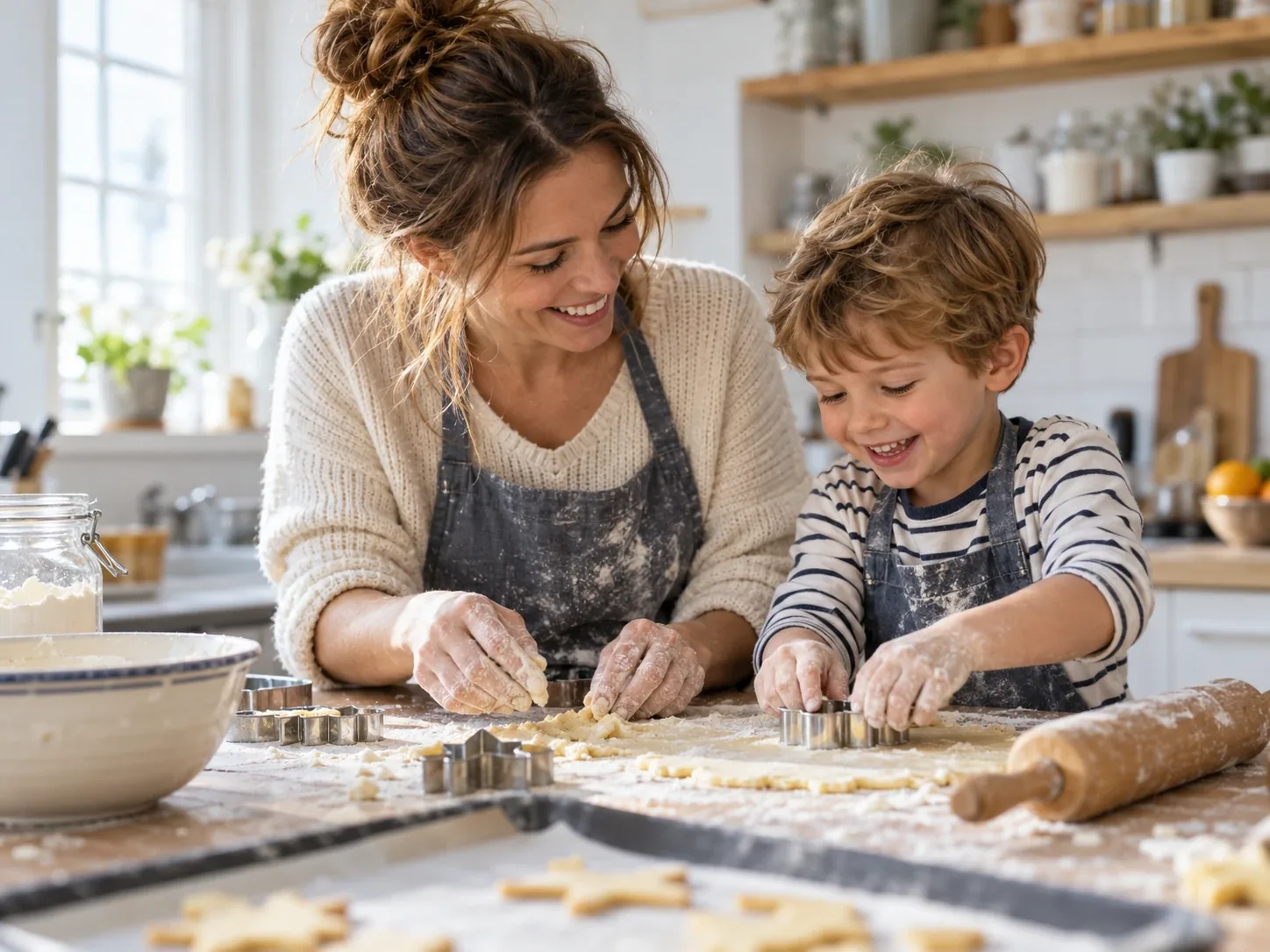 A mother and her small son, both dusted with flour, cut star-shaped cookies at a sunny kitchen counter.