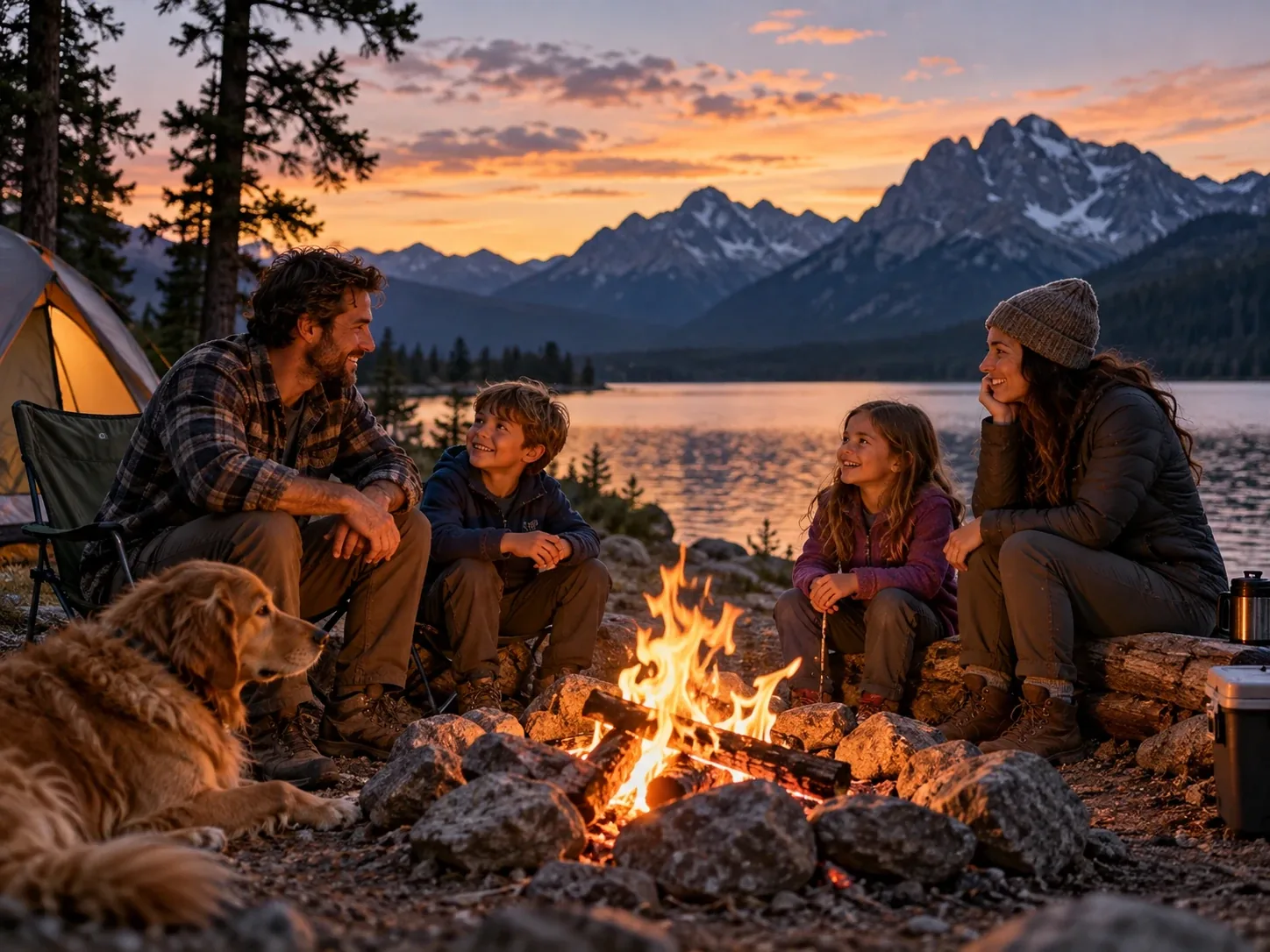 A family of four and their golden retriever sit around a campfire beside a mountain lake at sunset, talking and smiling.
