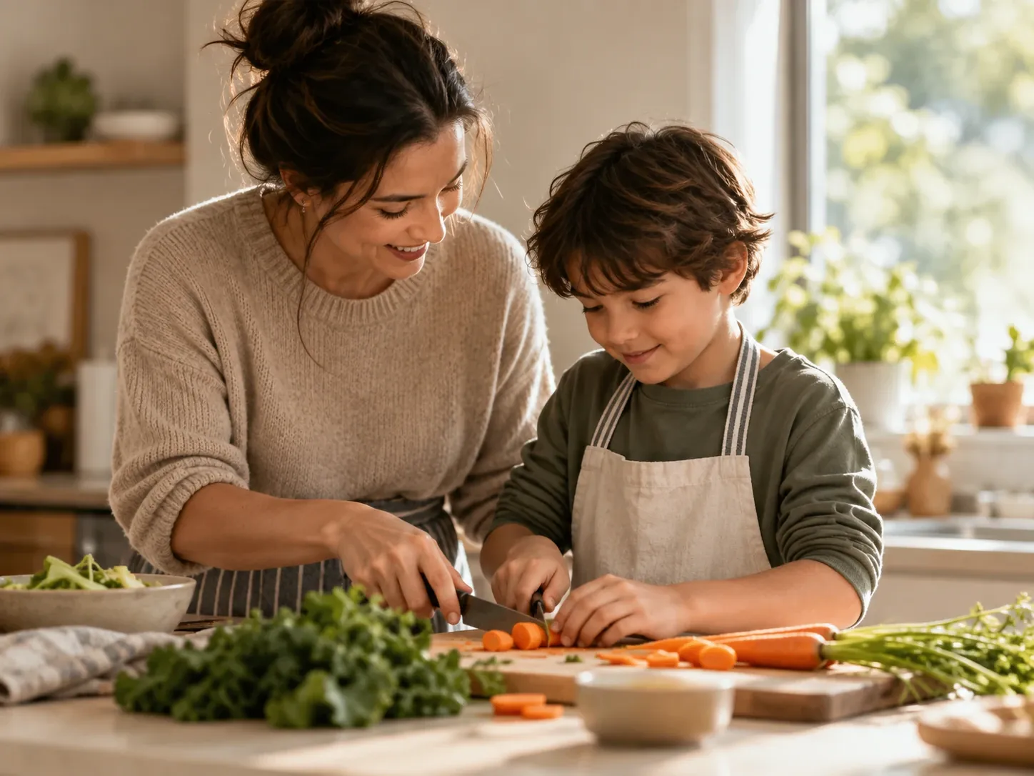 A mother and her young son, both in aprons, chop carrots and greens side by side at a kitchen counter.