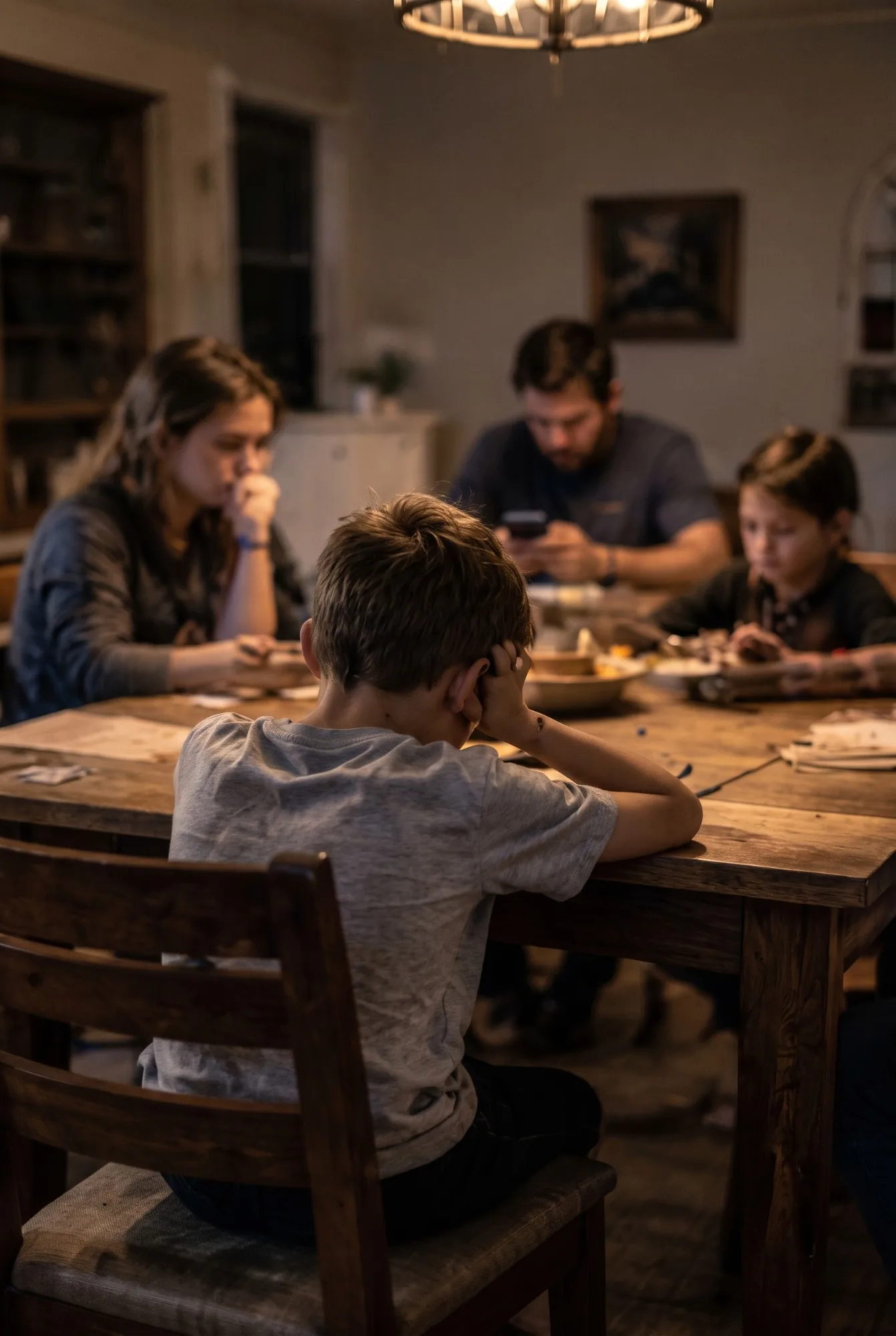 A boy sits with his head in his hands at a dimly lit dinner table while the rest of his family looks down at their plates and phones.