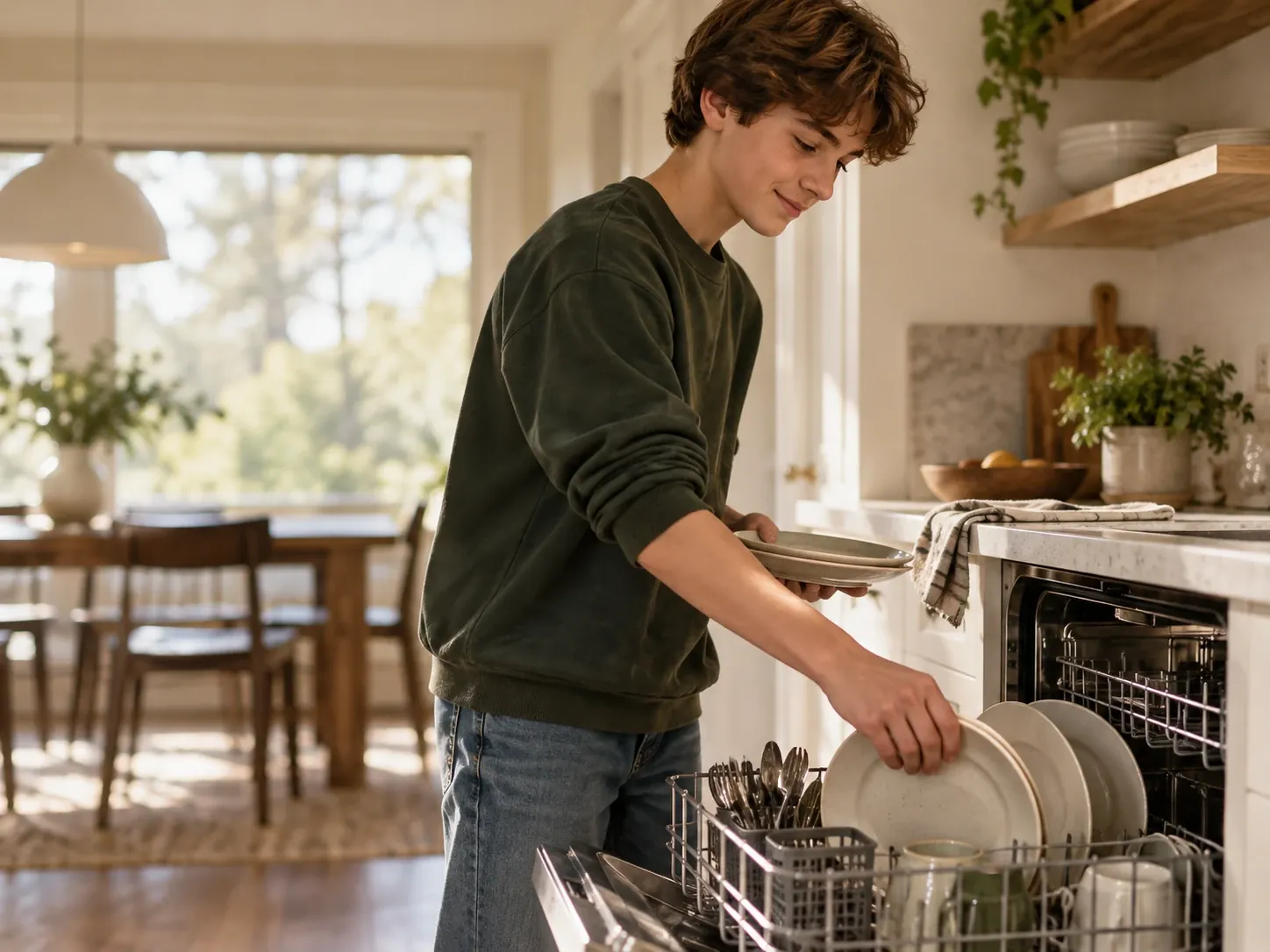 A teenage boy loads plates into the dishwasher in a bright kitchen, with the dining table behind him.
