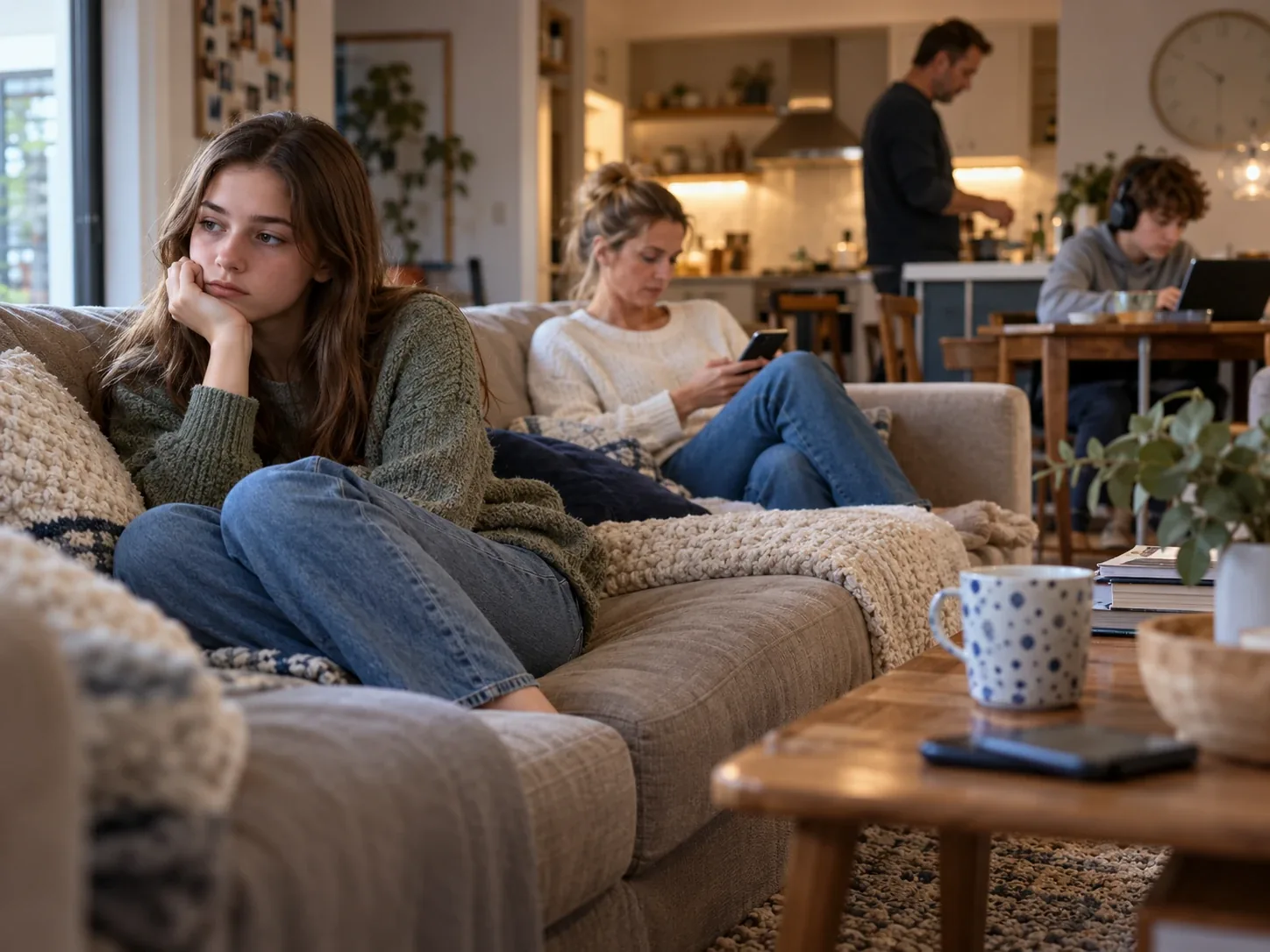 A teenage girl sits alone at the end of the sofa looking away, while her mother scrolls a phone and the rest of the family is busy in the background.
