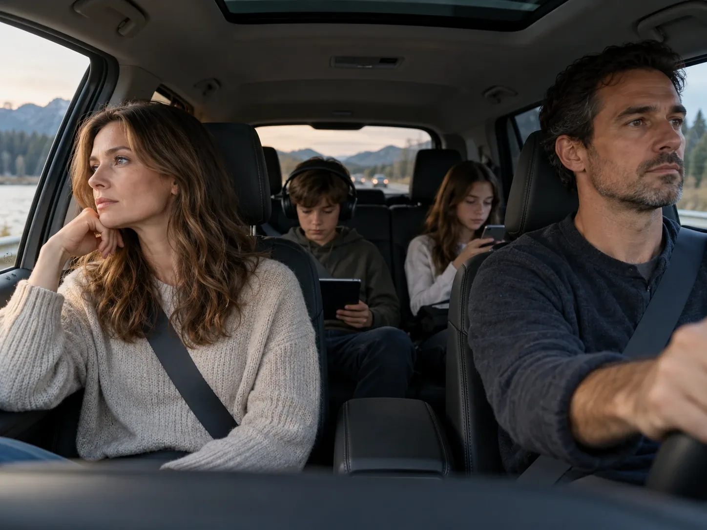 A family on a drive: the mother gazes out of the window, the father stares at the road, and two teenagers in the back are lost in headphones and screens.