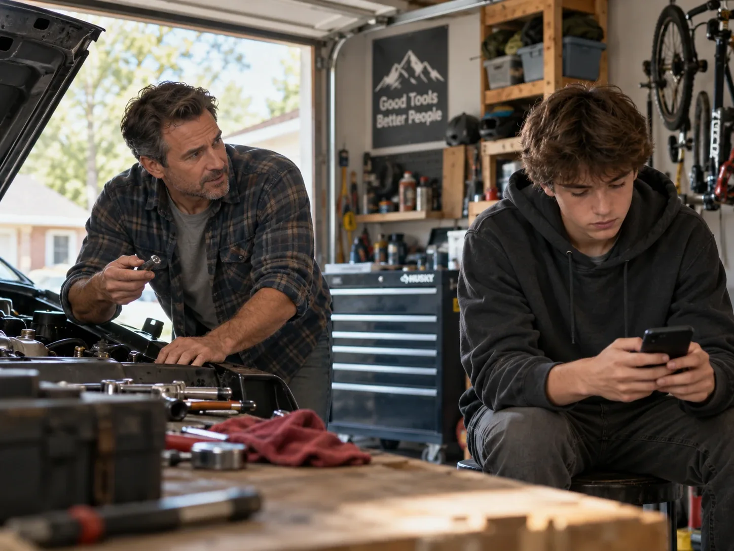 A father works under the hood of a car in the garage, glancing over at his teenage son, who sits nearby looking at his phone.