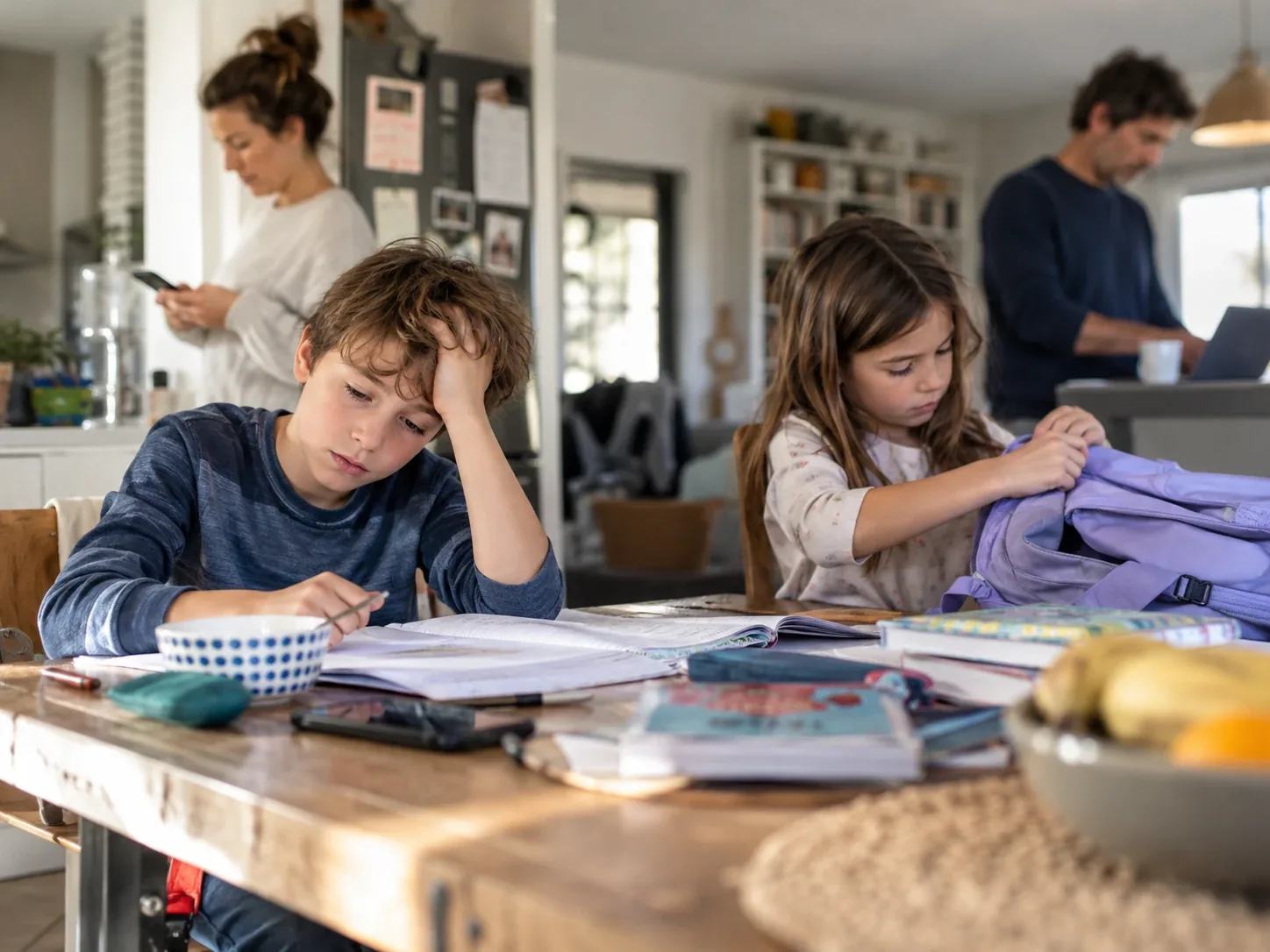 Two children do homework alone at a cluttered kitchen table while, behind them, one parent looks at a phone and the other works on a laptop.