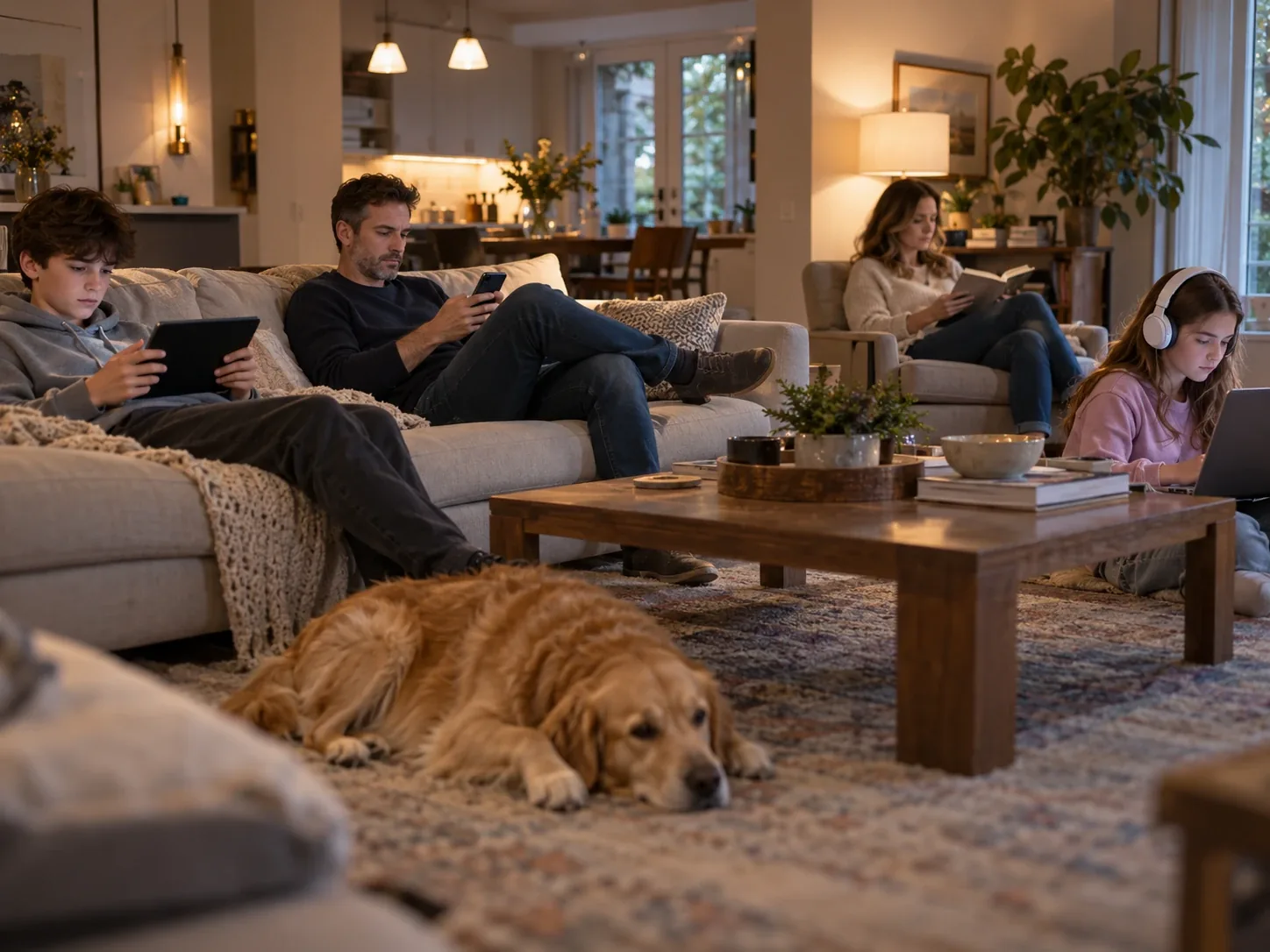 A family spread across a living room in the evening, each on their own tablet, phone, book or laptop, with the dog asleep on the rug.