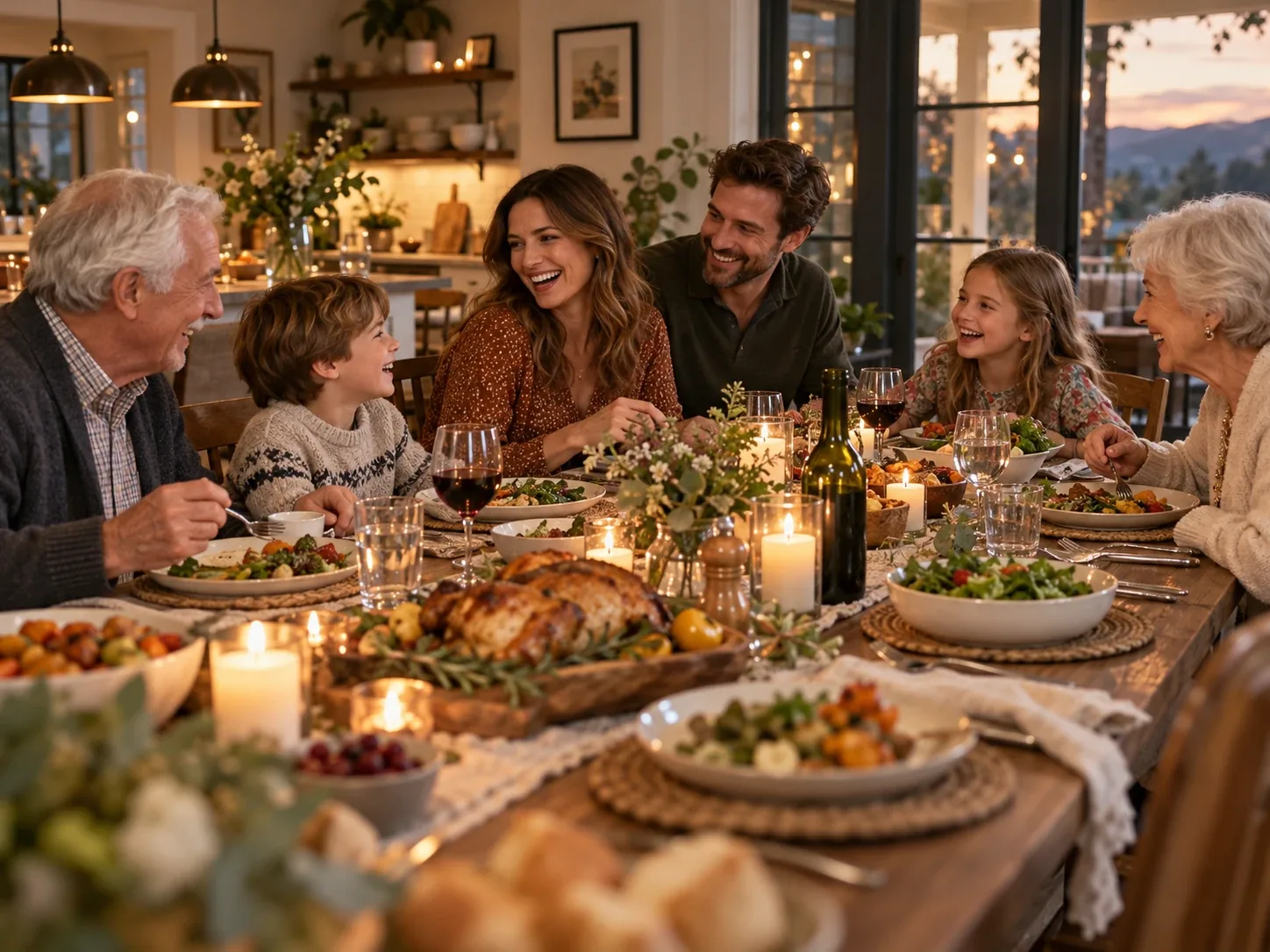 Three generations laugh together around a candlelit dinner table set with a roast and shared dishes.