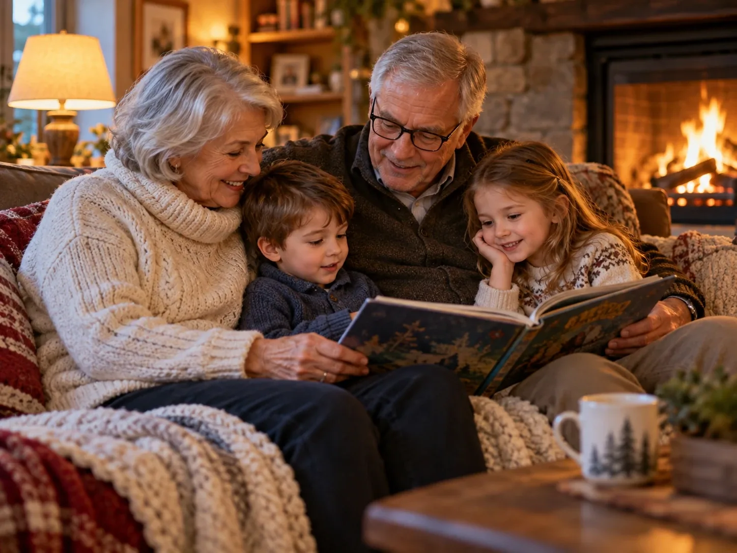 Grandparents read a picture book with two young grandchildren on a sofa beside a glowing fireplace.
