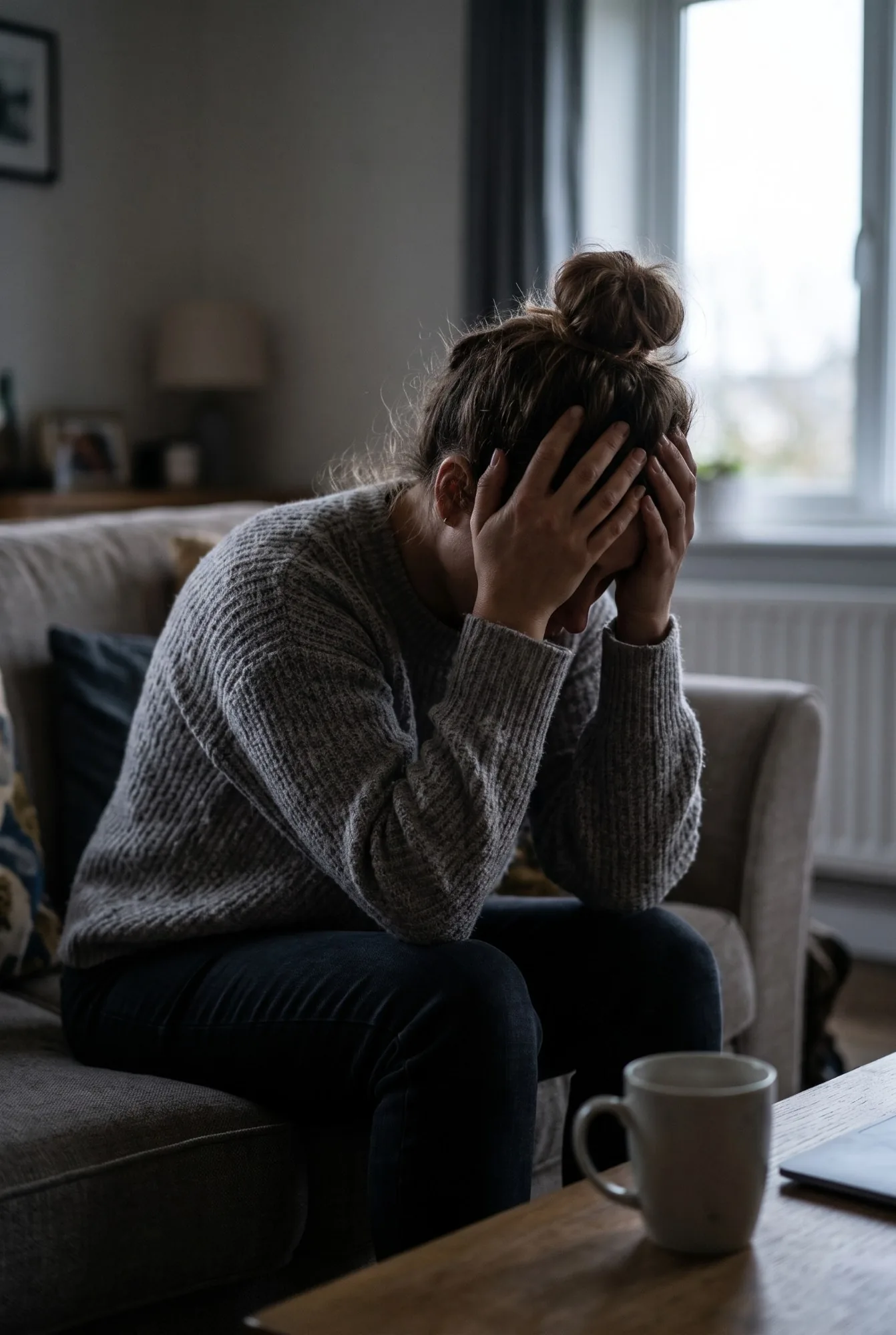 A woman sits on a sofa with her head in her hands, a mug of coffee on the table in front of her.