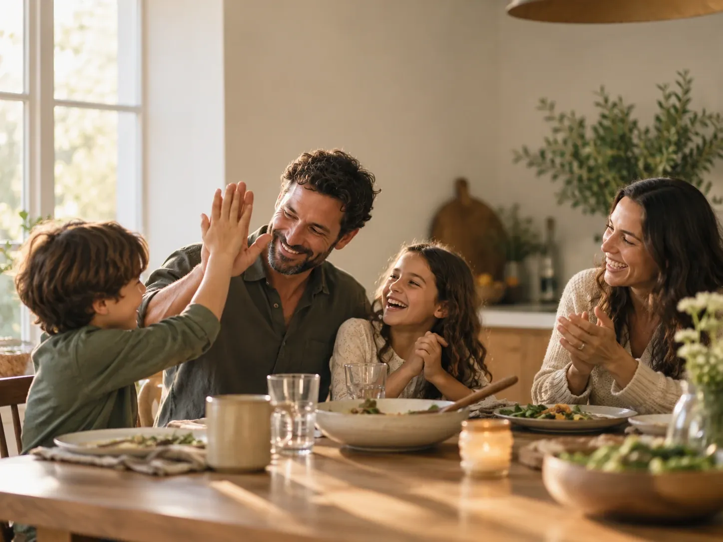 At a sunlit dinner table, a boy and his father share a high five while a girl and her mother laugh beside them.