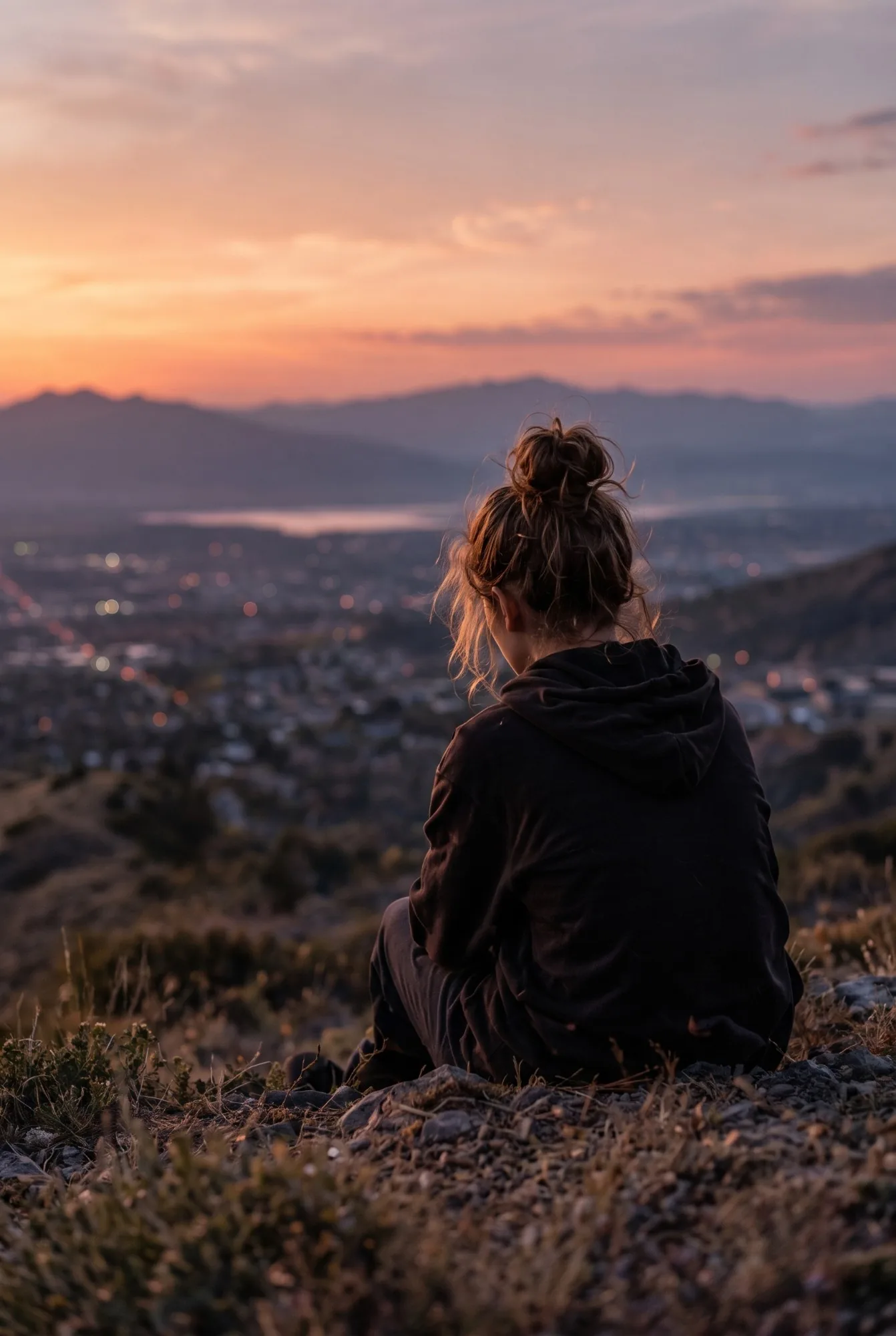 A girl in a dark hoodie sits alone on a hillside at dusk, looking down at the lights of the valley below.