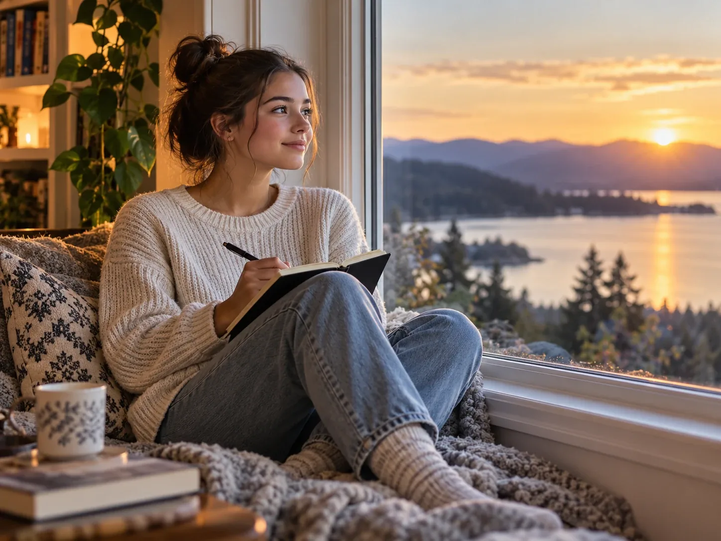A young woman in a knit sweater writes in a journal on a window seat, looking out at a lake and mountains at sunset.