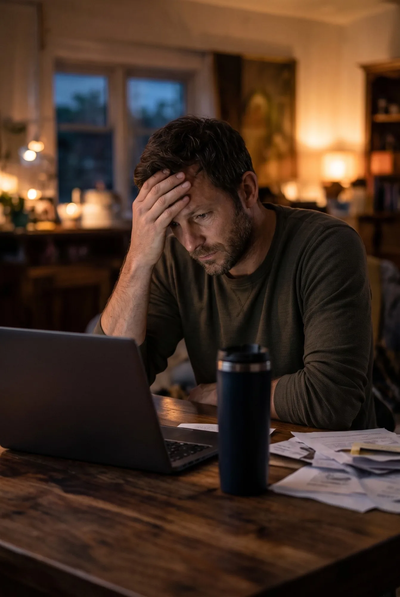 A man rubs his forehead at a laptop late at night, papers piled on the table beside him.