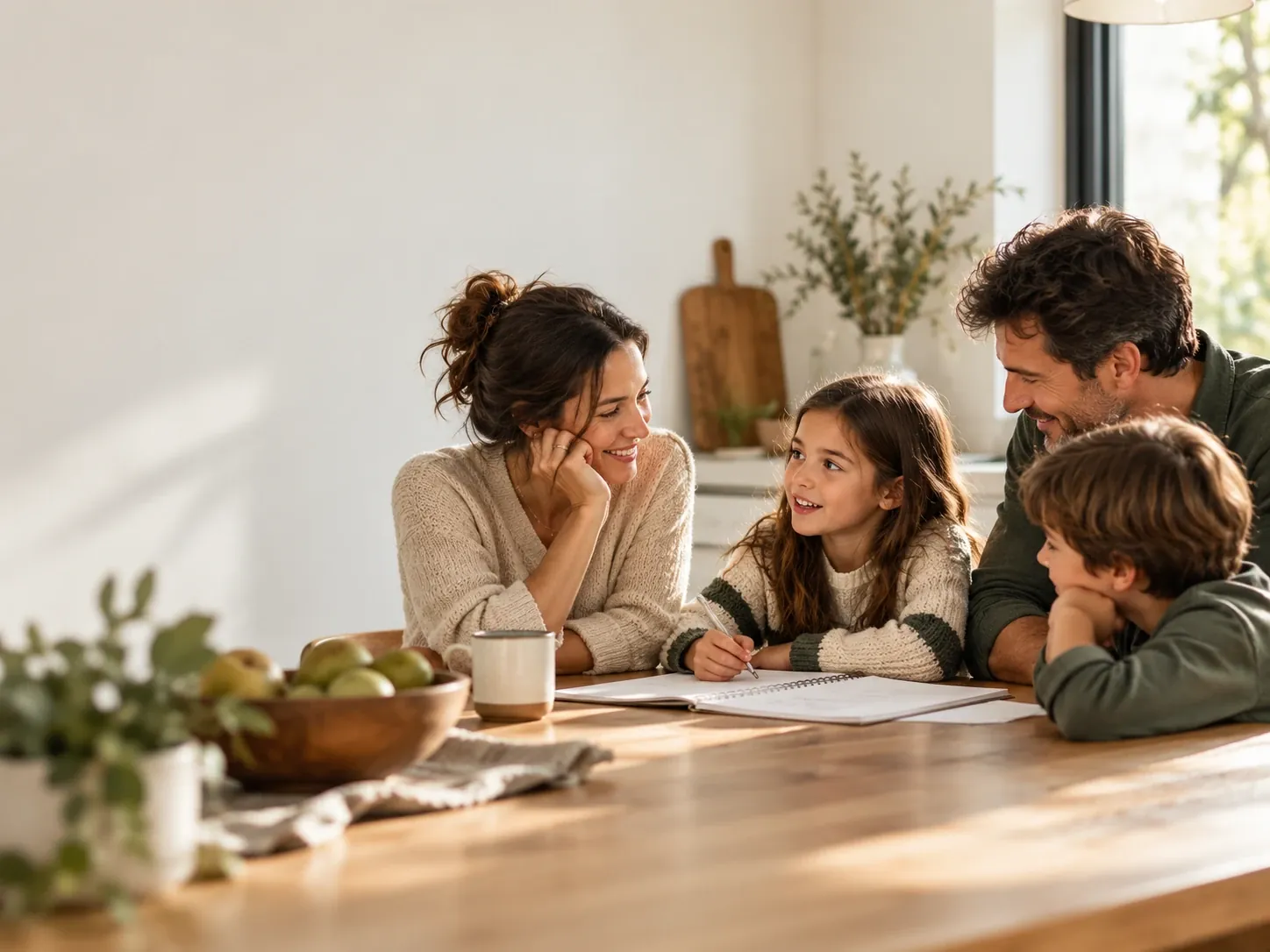 A mother, father and two children gather at the kitchen table around an open notebook, smiling as they talk.