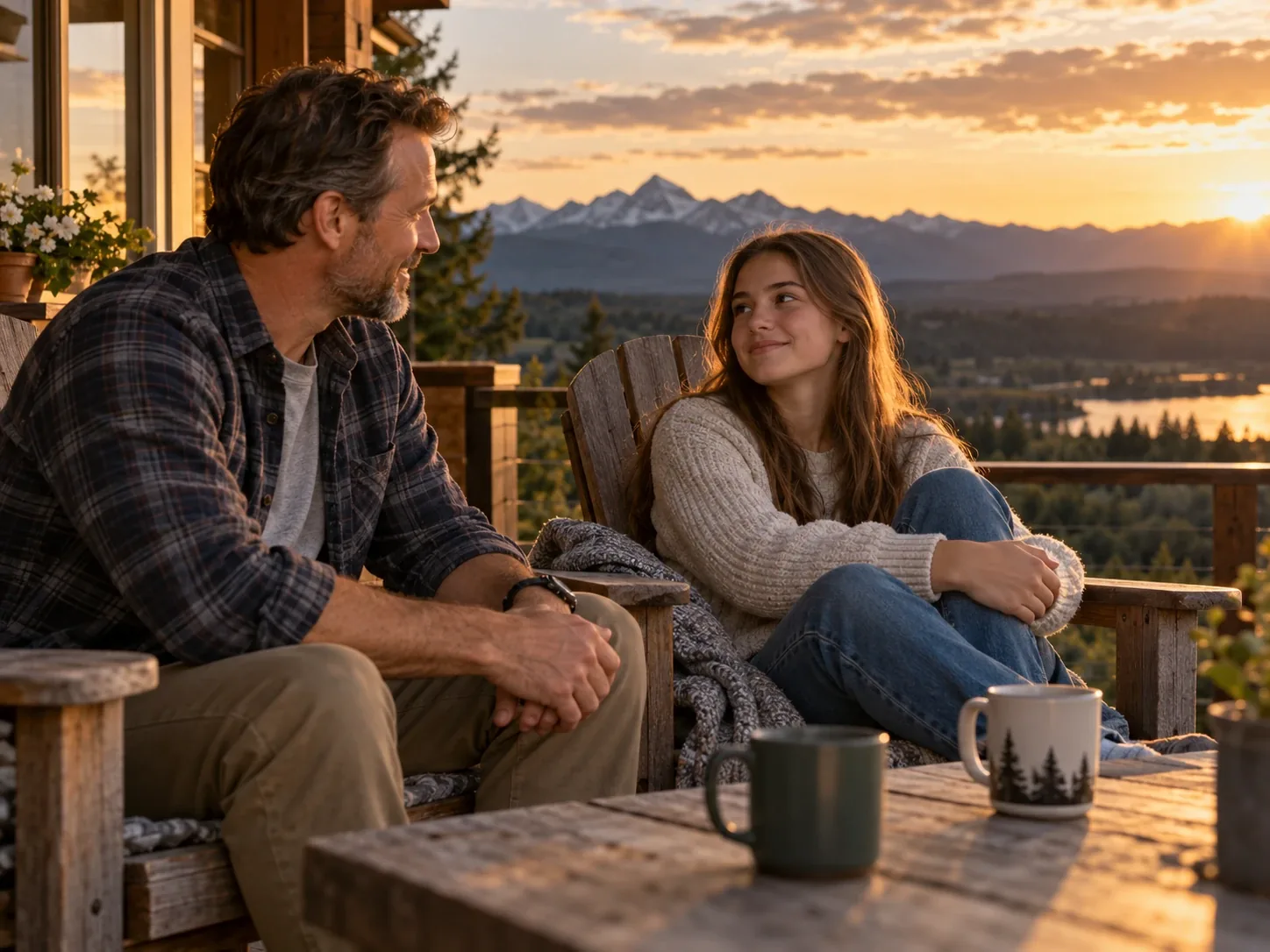 A father and his teenage daughter talk on a wooden porch at sunset, with mountains and a lake behind them.