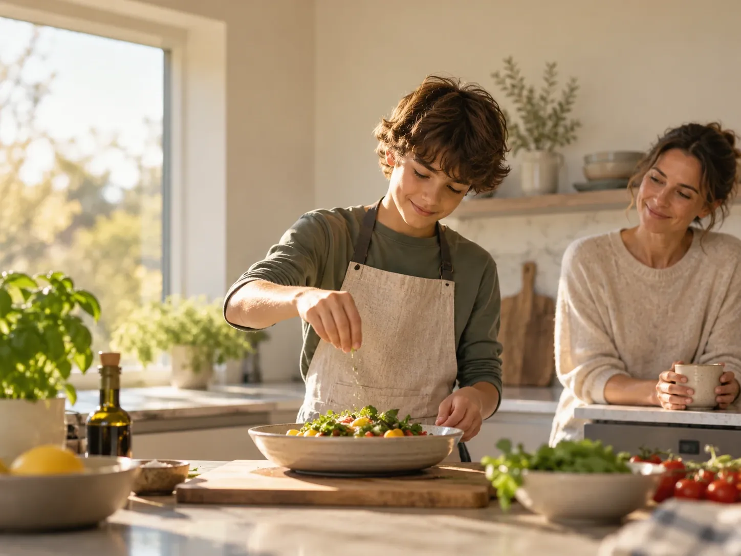 A teenage boy in an apron tosses a salad at the kitchen counter while his mother watches with a cup of tea.