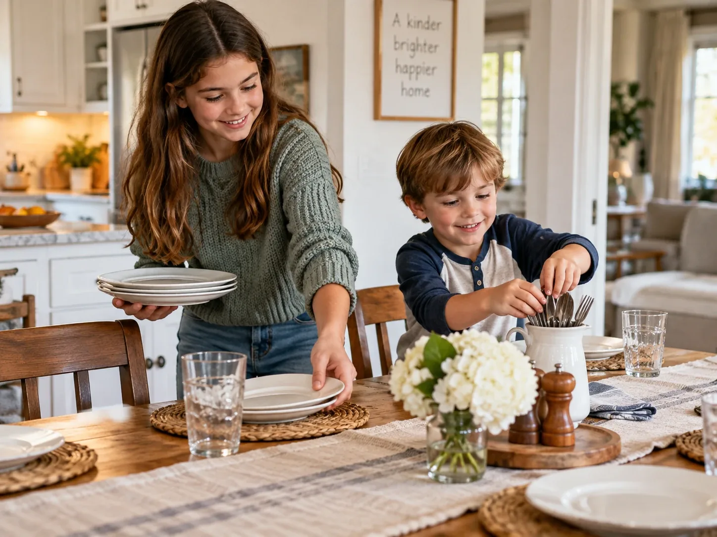 A girl lays plates and her younger brother sorts cutlery as they set a long wooden dining table together.