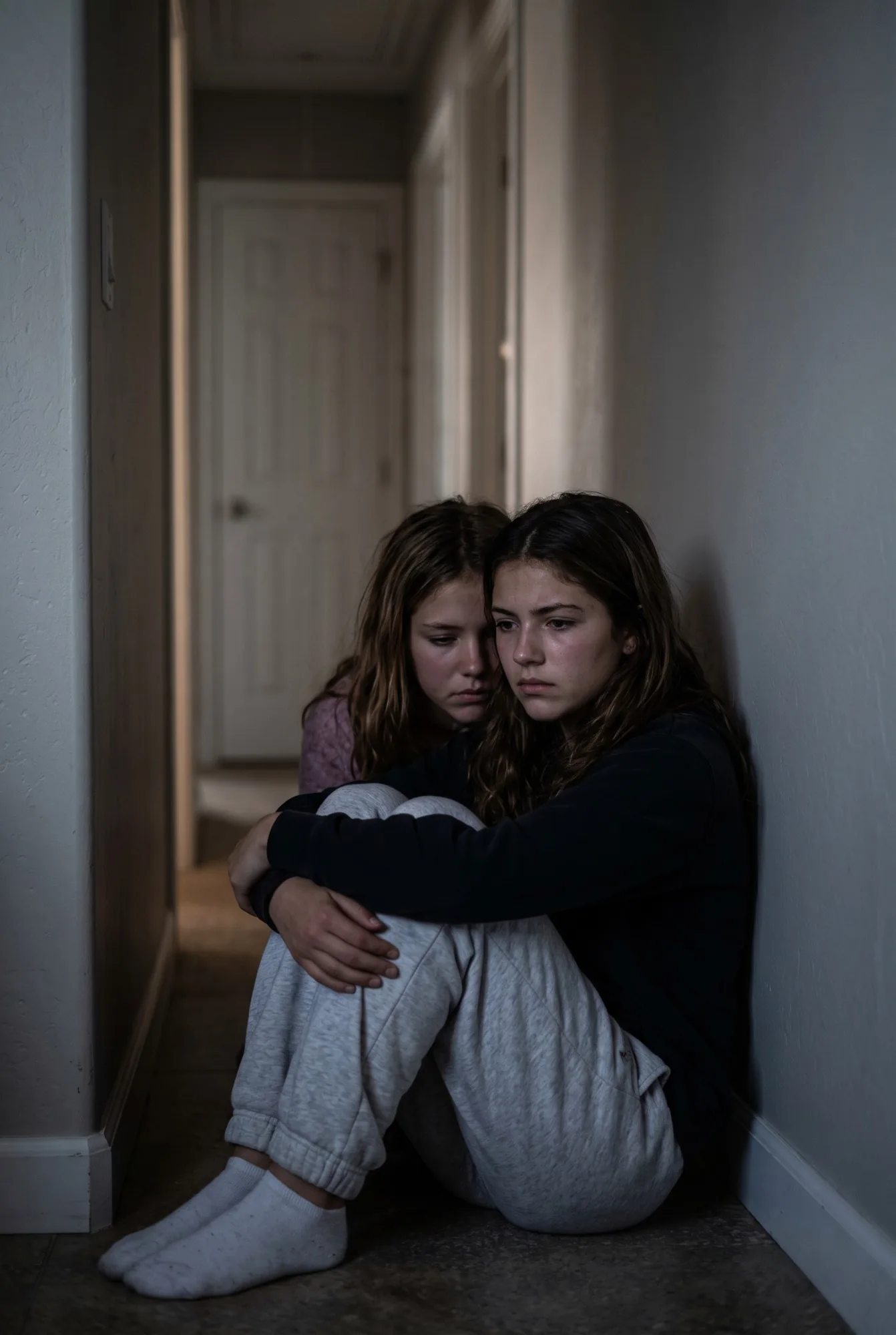 Two teenage sisters sit close together on a dark hallway floor, one leaning in to comfort the other.