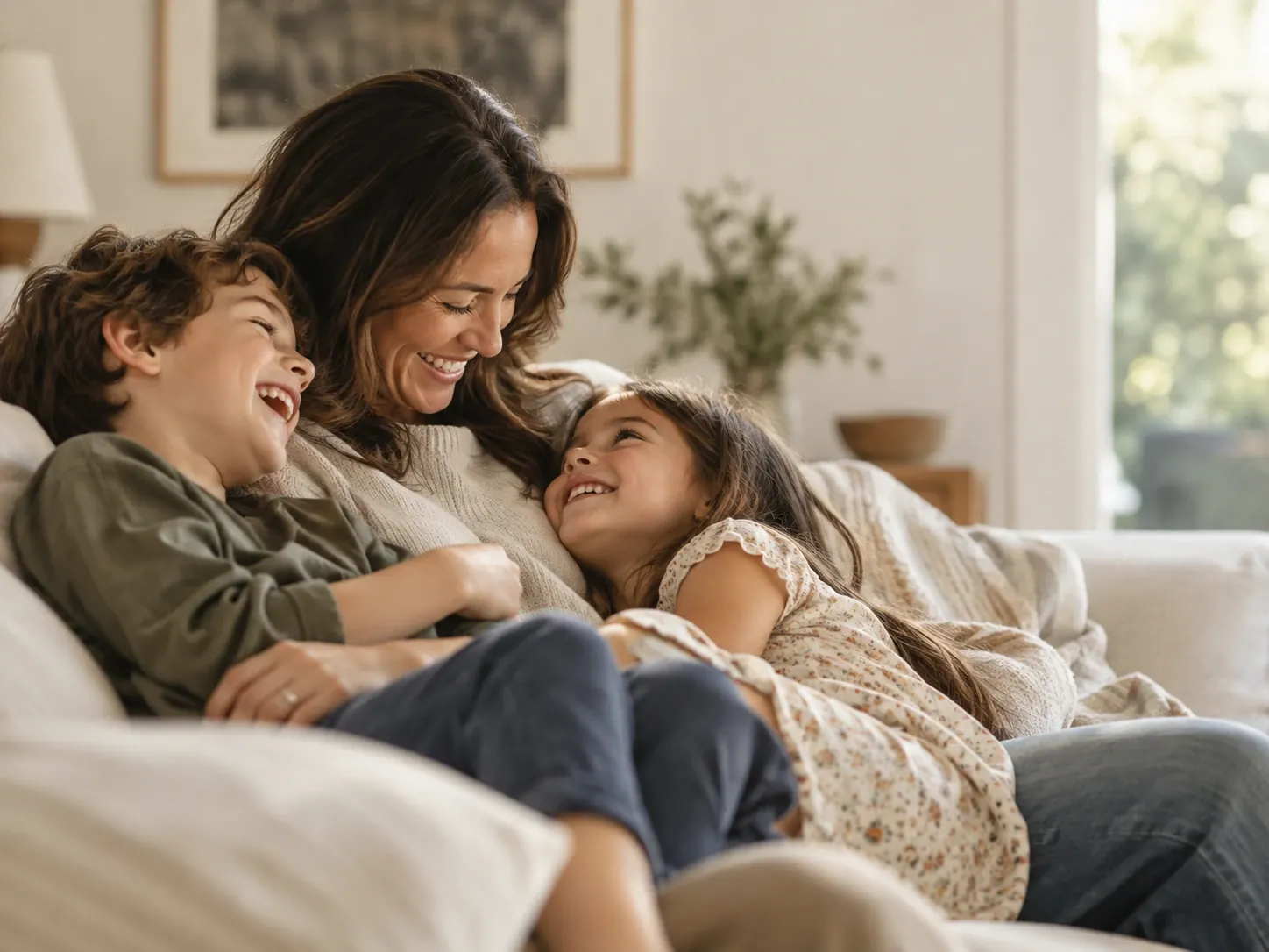 A mother lies back on a sofa laughing with a boy and a girl curled up against her.