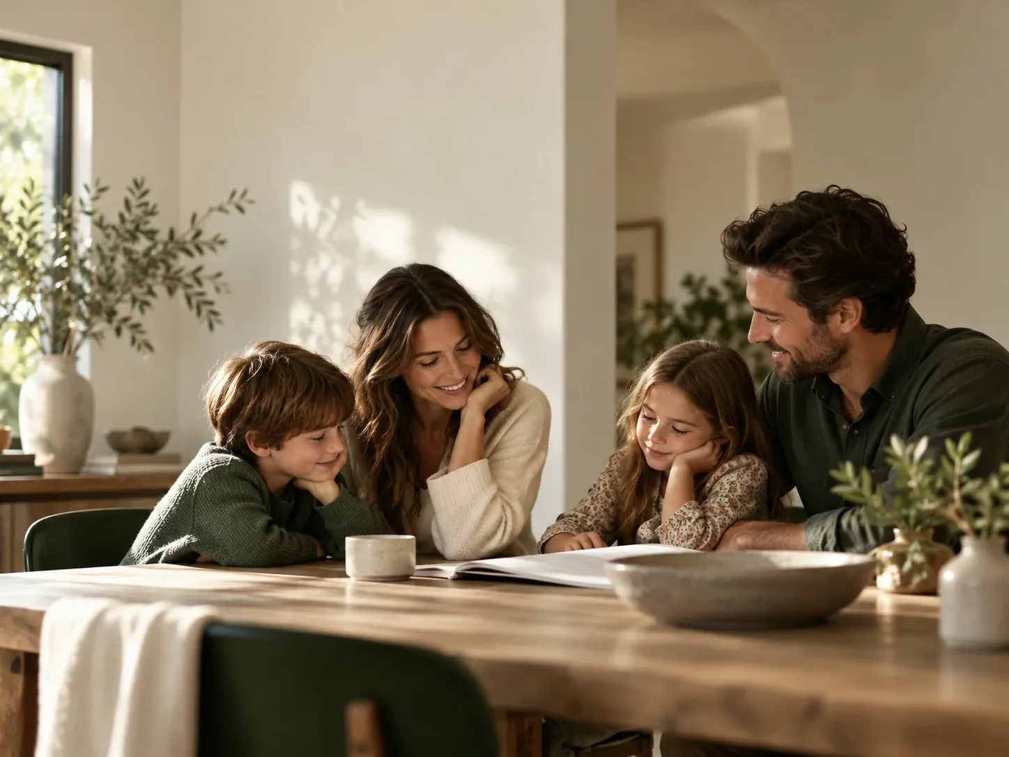 Two parents and two young children lean in around a wooden kitchen table in morning light, sharing an open book.