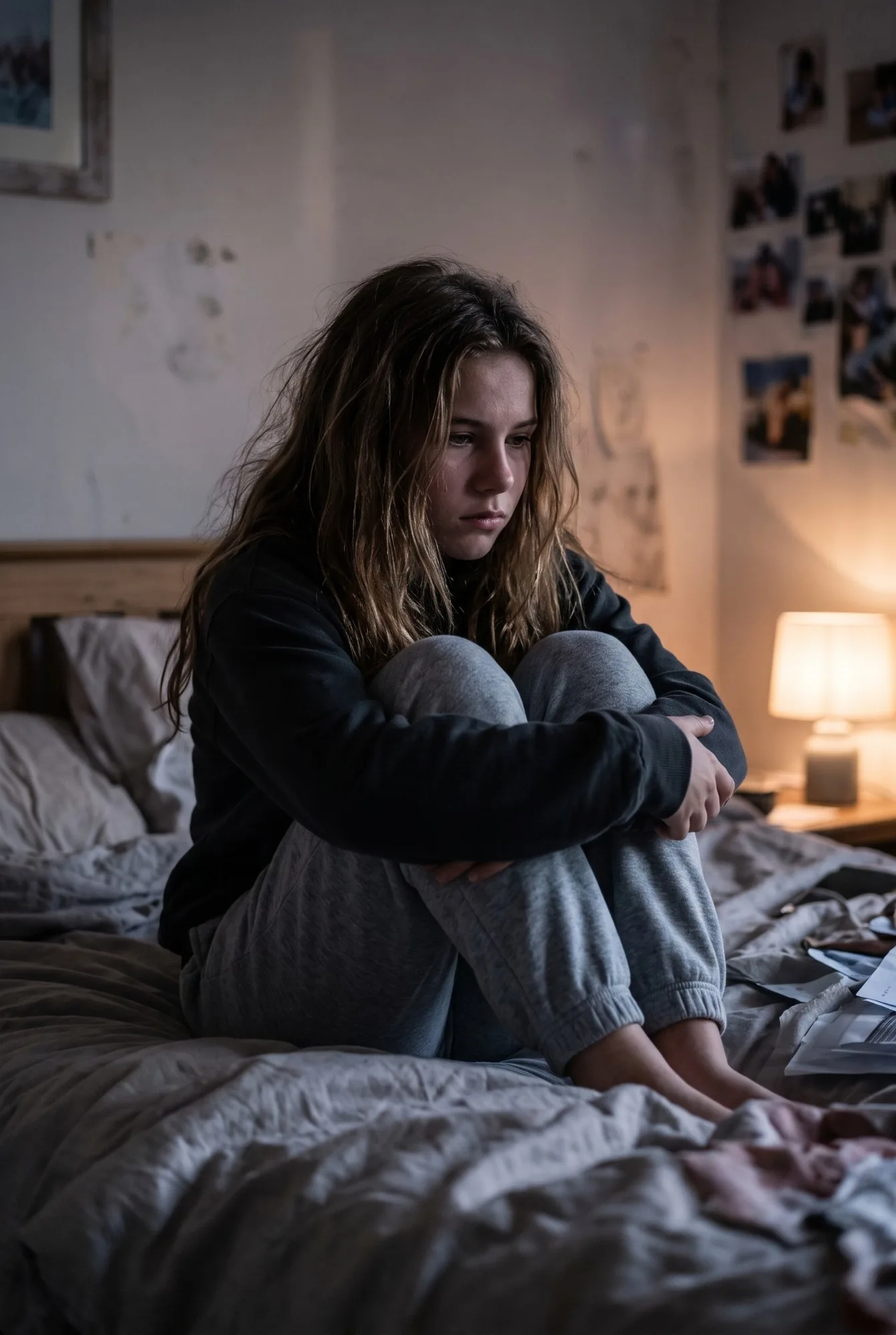 A teenage girl sits on her unmade bed hugging her knees, lit by a bedside lamp.