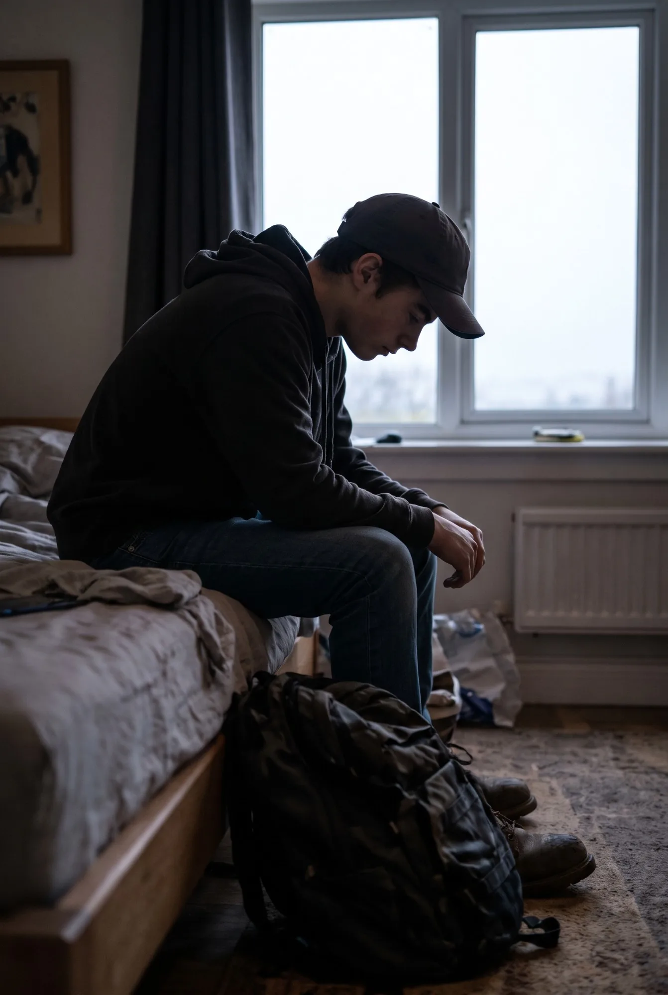 A teenage boy in a cap and hoodie sits hunched on the edge of his bed by a grey window, a backpack at his feet.
