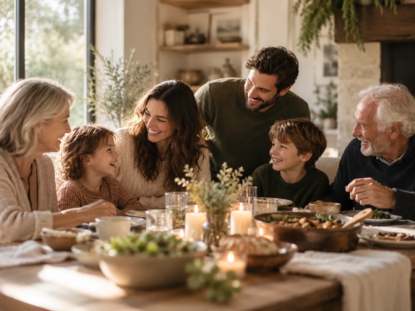Grandparents, parents and children of three generations share a candlelit meal around a table, laughing together.