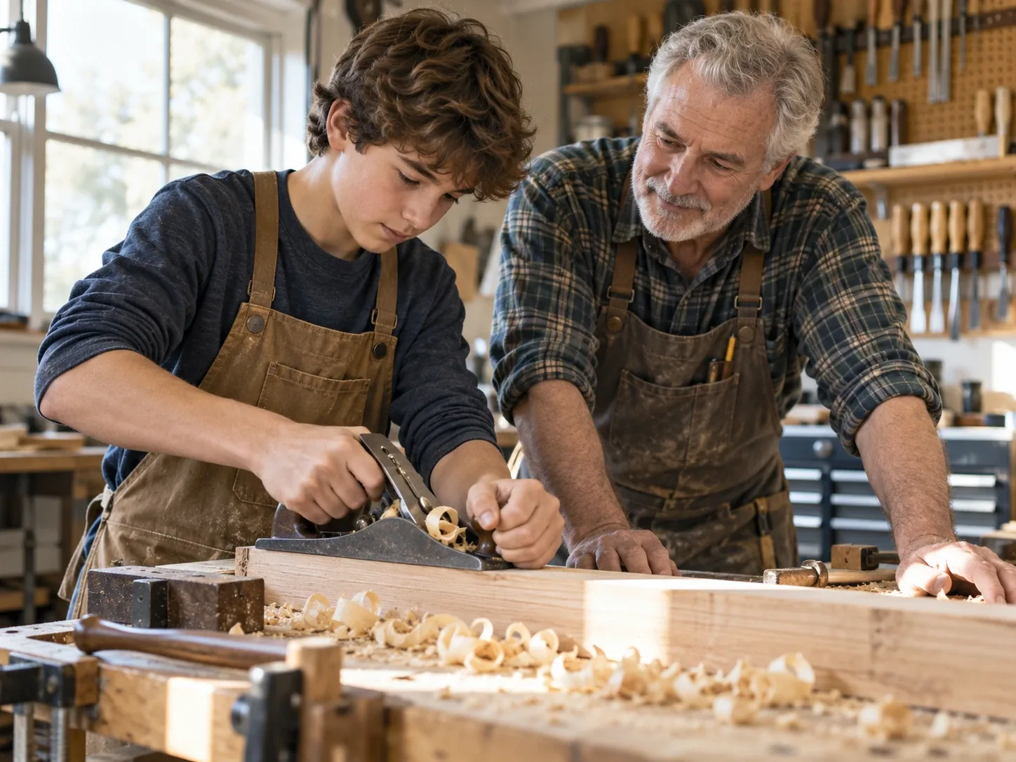 A teenage boy planes a timber board in a woodshop while his grandfather leans in beside him, watching.